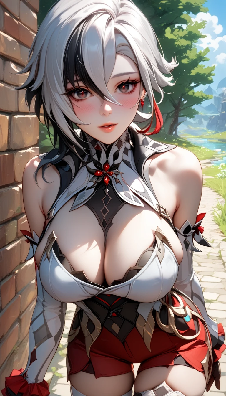 (adheres to the artistic style:0.7), check_9, check_8_up, check_7_up, check_6_up, uncensored, harlequin from the genshin strike, short hair, silver hair, multicolored hair, black eyes, x-shaped pupil, break (masterpiece:1.2), Best quality, a high resolution, (beautiful detailed eyes:1.3), perfect lighting, (perfect hands, Ideal Anatomy), hearts, pleased, huge breast, chest press, 1 girl, breast, One, gloves, shorts, thigh high, red shorts, I look at the viewer, side tit, short shorts, Brick wall, brown gloves, near the wall, white thigh high, is, Oneарная перчатка, belt, hips, blush, bare shoulders, leaning forward, camisole, without sleeves, parted lips, from the outside