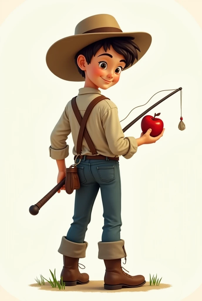 Celluloid Tom Sawyer with a smile Holding a fishing stick in his right hand An apple in his left hand Looking back at the camera Transparent background