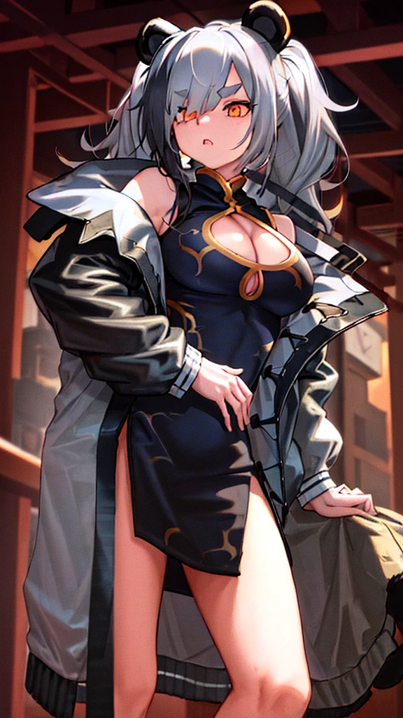 masterpiece, best quality, 1girl, solo, feater \(arknights\), panda ears, eyebrows, orange eyes, grey hair, hair over one eye, long hair, multicolored hair, black streaked hair, twintails, large breasts, black china dress, chinese clothes, bare shoulders, white jacket, black sleeves jacket, open jacket, cleavage cutout, cleavage,standing, legs,apartfrom front, from below