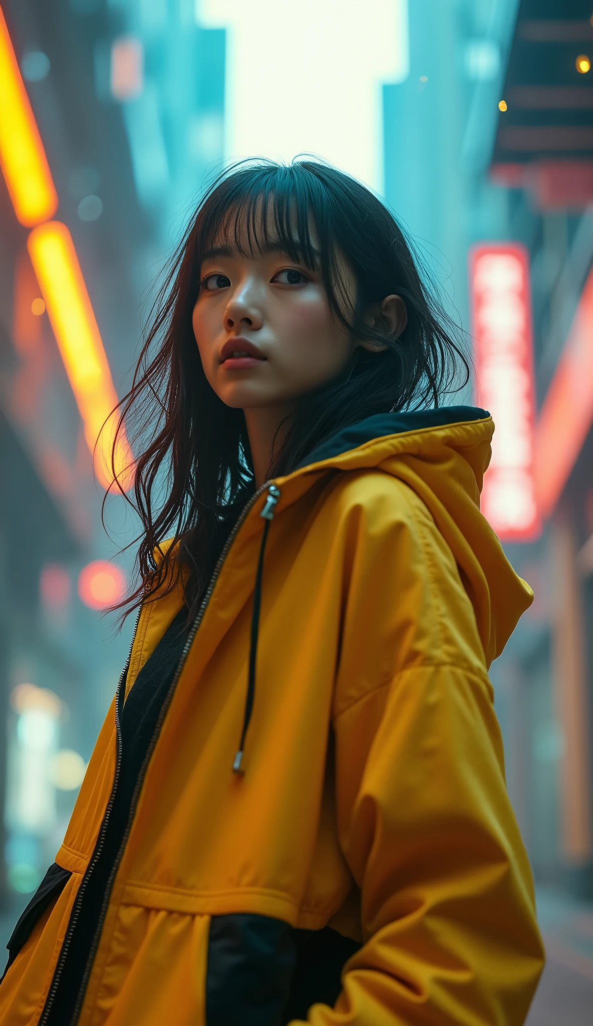 Masterpiece, 4K wallpaper, Masterpiece sci-fi cyberpunk city, fantasy sci-fi, neon glow lights city, ( Subject ( 1girl, A cute japanese women with beautiful hair, wearing an youth stylist oversized hoodie fashion, yellow, black and white stylist fashion, jumper hoodie and short solid cotton trousers, the hoodie stylist masterpiece.))
( Pose (Relaxed, with dance pose, masterpiece. Medium breast.))
( Setting (ultra realistic, sci-fi theme, A mystic environment, cyberpunk city with neon glow lights and a glow light portal.))
( Face ( absolute detail of face masterpiece, detail skin pores masterpiece, oil skinny, beautiful japanese girl, detail of face.))
( Perfect human body, perfect human fingers)
( Lighting (Dramatic side lighting with a warm and cool light masterpiece, absolute face and body lighting teqnique, sunlit glow and light rays, masterpiece object lighting and detail.))
(detail of wearing masterpiece), rahnday style photography, the sense of photography), sea art infinity.
( Style (Hyper-realistic, cinematic, with a focus on detail and texture, octan render 4K quality masterpiece.))
( Technical Specifications (Shot from a medium long shot, below-up perspective, with a Fujifilm XT-4 with Fujinon 50mm lens at f/1.2.))
(((Additional Notes)
 ( Focus on Key Elements (Emphasize the woman, her clothing, and the dramatic city backdrop.))
 ( Visual Effects (Include cinematic grains, falling glow particles, and a blurred background with white fog.))