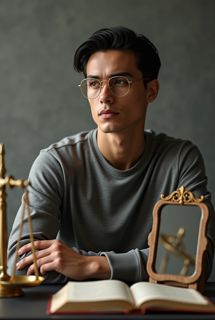 A teen young man with black straight hair, good jawline, court weighing scales, thick gold aviator glasses, a mirror and a book, make him look masculine