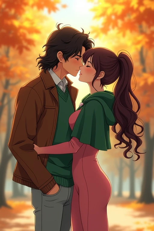 I would like to get an image of an anime-style couple consisting of an adult man with long curly chocolate hair below the shoulders, dressed in a large-knit green sweater with a neckline, brown leather jacket, light jeans, kissing a young incredibly beautiful woman with long curly chocolate hair gathered in a ponytail and in a pink tight dress and a green short cloak that hugs him around the neck. Autumn Park. In full growth.