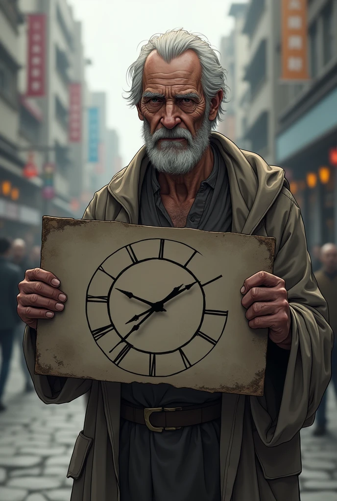 A middle-aged man wearing a beggar costume with a picture of the time involved. ((アニメ ))