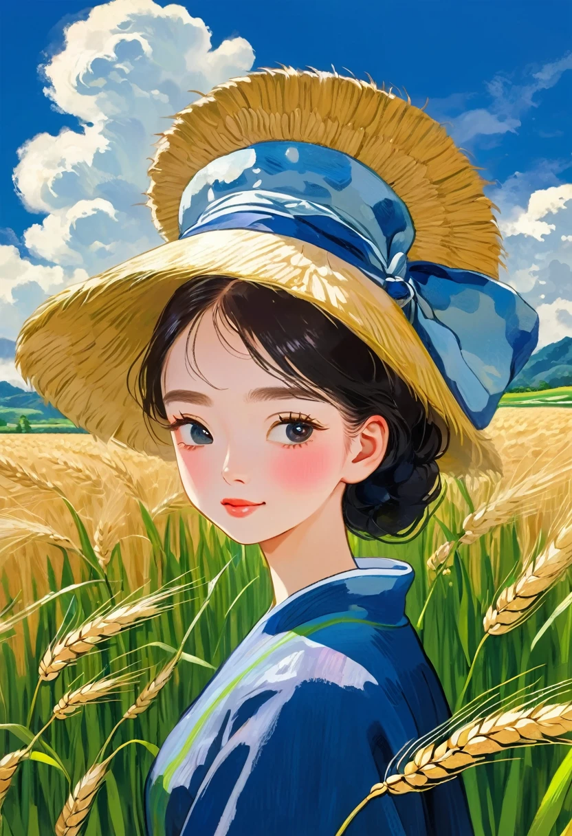 Wheat Field, 站在Wheat Field里的戴着草帽的女孩, Big Cloud, Blue sky, paddy, Neat rice seedlings in the field, forest, hillside, secluded, Rural, High resolution details, Ultra Detailed, Immerse yourself in the art of Van Gogh