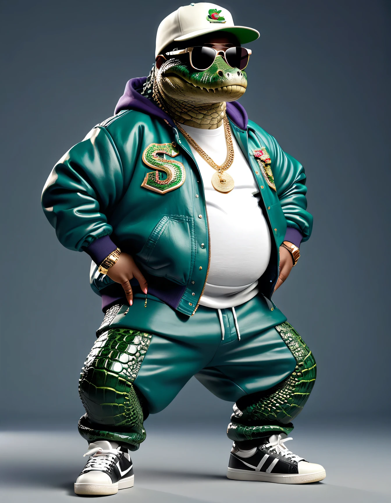 photorealistic portrait of Dressed animals - a ((fat)) (crocodile) hip hop dancer,(hands on hips:1.5), high quality,(lovely) ,intricate details, highly detailed ((hip hop fashion)) ,(wearing sunglasses:2.0), (cap, pants, sneakers),(wearing a jacket and hoodie) ,, wearing sunglasses, (happy), studio lighting,(full body image:1.5),score_9, score_8_up, score_7_up, score_6_up, score_5_up, score_4_up,