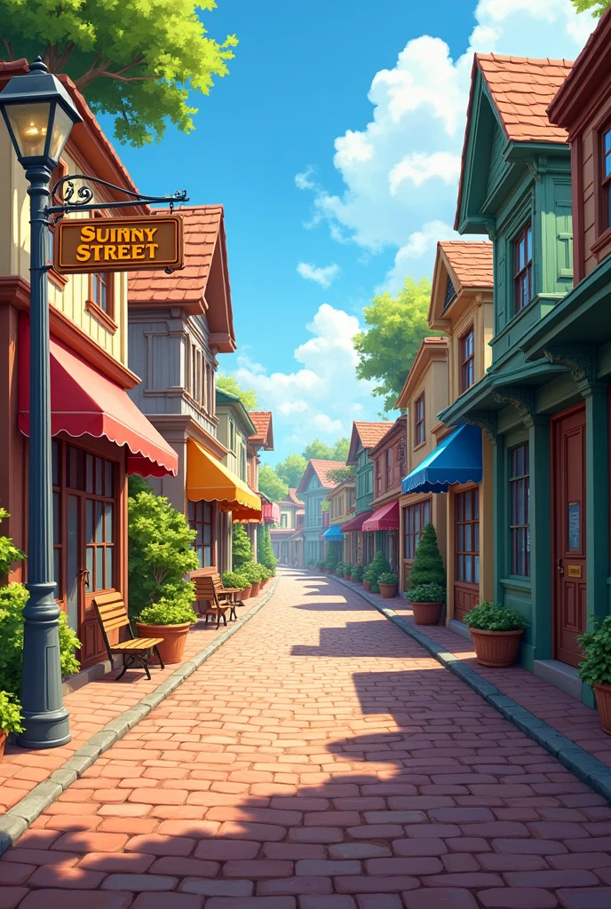 A street view of single story buildings on left right, Street have tough-tile bricks floor.
Street name is SUNNY STREET  prominently printed on board which is hanged on first left house of the street.