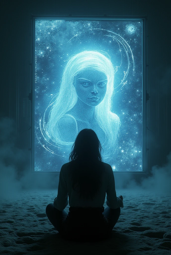 Aranuch connecting to the BioNet system, attempting to access Anavil's stored consciousness. The scene is intense and emotional, with Aranuch sitting in front of a large screen displaying distorted images of Anavil. The environment is dark, with a glowing interface and swirling data streams creating an eerie, unsettling atmosphere."