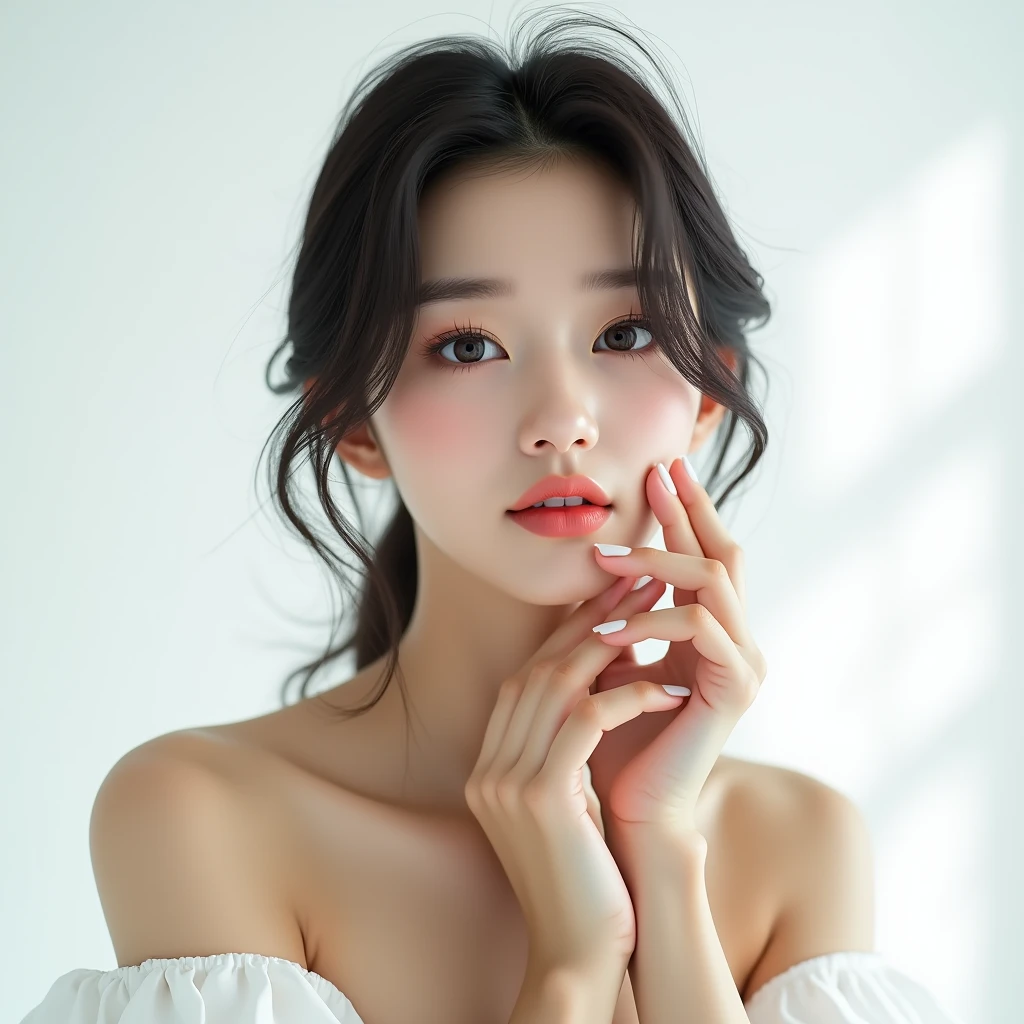 "A young Korean woman in her early to mid-20s is captured against a white background, with the focus on her upper body. Her appearance has a slightly exotic allure, enhanced by elegant makeup that highlights her natural beauty. Her posture and expression exude grace and sophistication, perfectly showcasing her refined elegance."