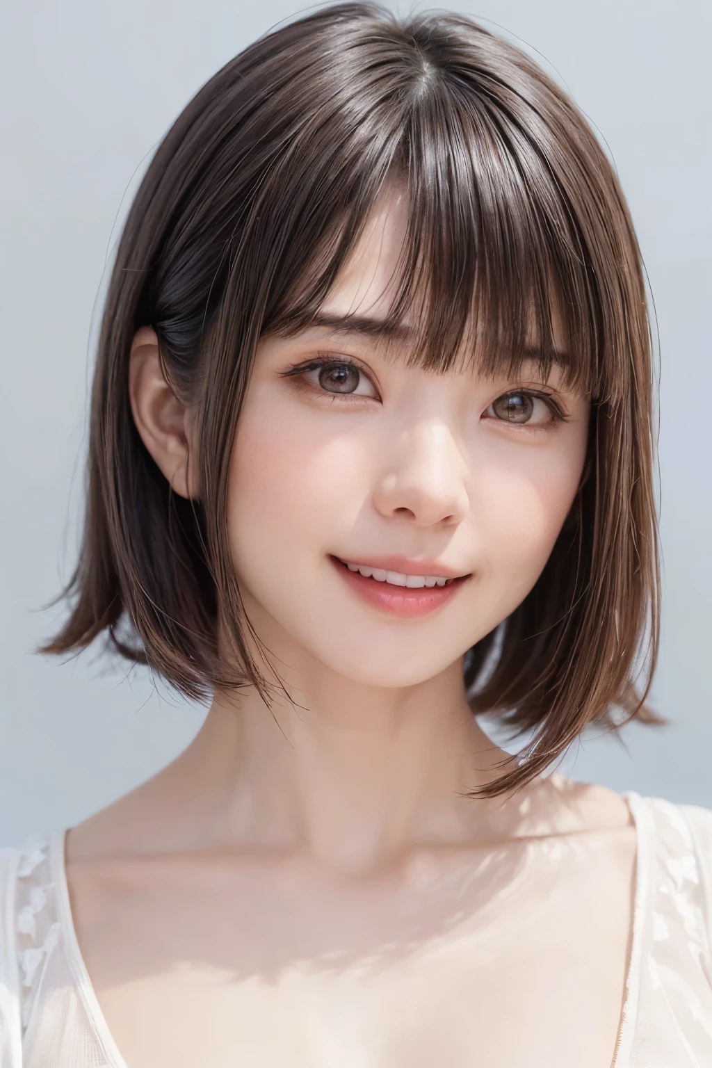 (software:1.8、masterpiece, Highest quality),1 person, alone, hyper Realistic, Realistic,Realistic, Looking at the audience, Light brown eyes:1.4,Brunette Short Bob Hair with highly detailed shiny hair, Brightly colored winter clothes, Lepangas:1.4), Outdoor, Mouth closed, Upper Body、big chest eye、eyelash、{Hugeな|big chest|Hugeなな|Mega} whole :2, chestの谷間:2、(((big chest eye、Short Bob Hair、Highlights from Students、Looking at the audience、She is very beautiful and cute、Show me your ears、Long neck、smile、Close your mouth and smile、Bangs and beautiful teeth)))、Ideal body type、（Nothing is drawn、A very beautiful pure white background:1.6）、美しいLong neck:1.4、(({Huge|big|Hugeな|Mega} chest, chestの谷間:2、Upper Bodyは服を着ていない:1.6))、(((Portraiture:2)))、Perfect Anatomy