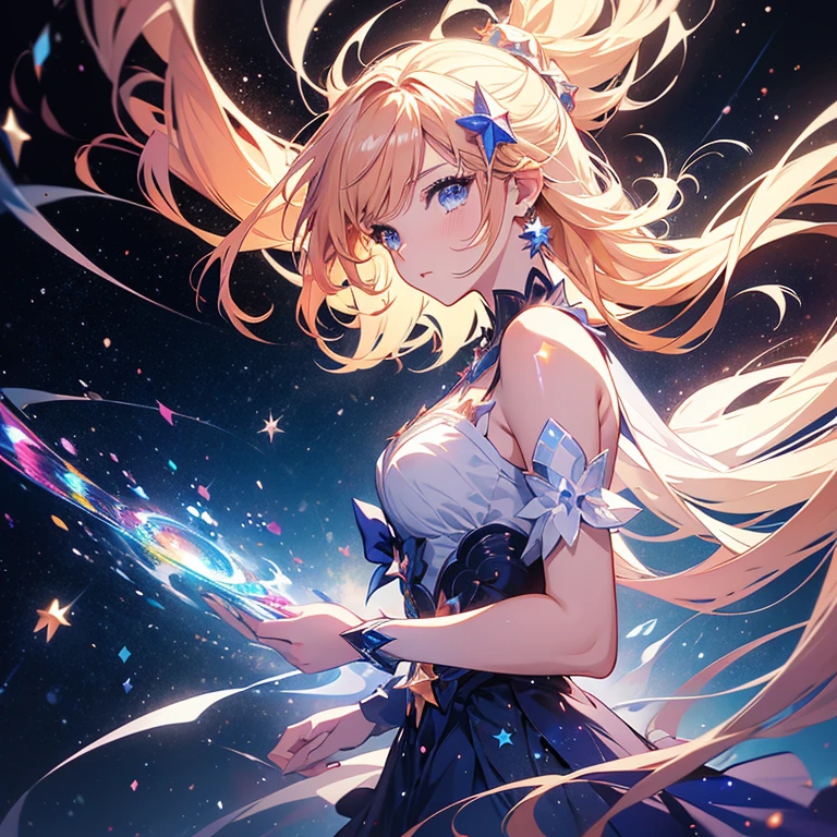 a picture taken from a digital painting of a girl in a dress, beautiful anime artwork, wearing a dress made of stars, star on dress, beautiful anime art, makoto shinkai cyril rolando, magical dress, anime fantasy illustration, anime fantasy artwork, ethereal anime, anime girl with cosmic hair, dreamlike art, cosmic skies. by makoto shinkai, anime art wallpaper 4 k High detail, Super Detalhe, super high resolution, background is starry sky with colorful galaxies and clouds of galaxies, estrelas voando ao seu redor, rosto delicado, Adding playful atmosphere