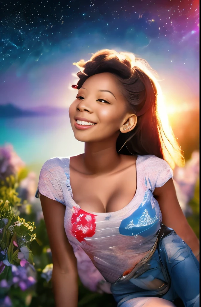 High detail, super detail, super high resolution, girl enjoying her time in the dream galaxy, surrounded by stars, warm light sprinkled on her, background is starry sky with colorful galaxies and galaxy clouds, stars flying around her, delicate face, adding playful atmosphere