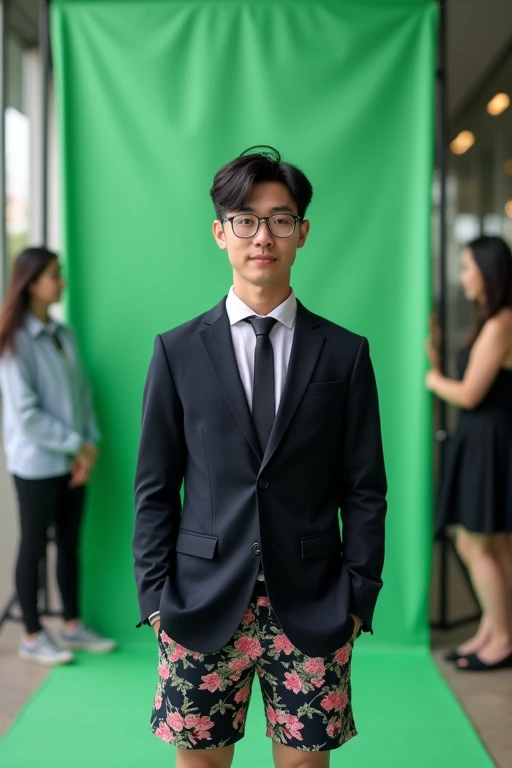 Ảnh hồ sơ của nam sinh viên Việt Nam đang nhìn thẳng vào màn hình. Above wearing a suit and tie, under the floral shorts. Behind him are two friends setting up a makeshift green screen to help him take pictures.