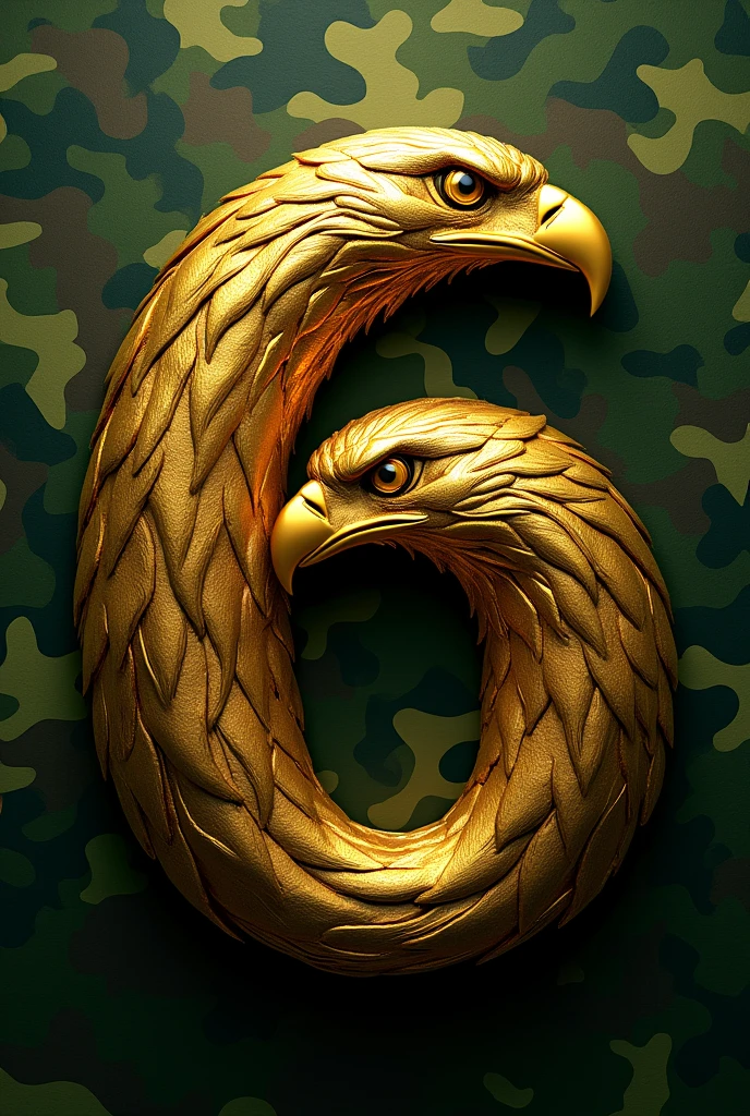 Number 6 made with a gold carved eagle head with a military green camouflage background