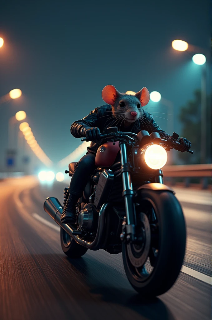A rat on superbike wearing a black leather jackets in night on national highway in neib light