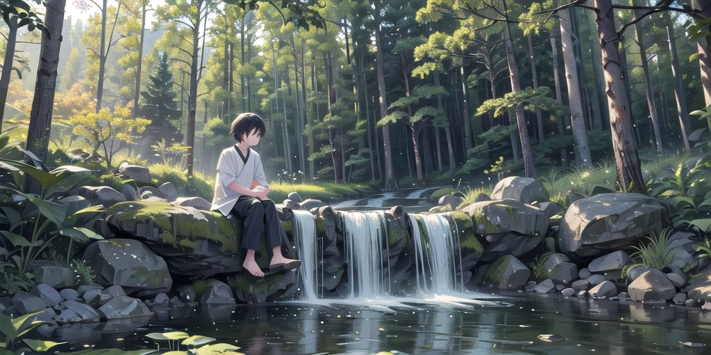 Hiro is in a meditation pose by a stream, close your eyes, With a calm expression. The surrounding landscape is peaceful and harmonious, It symbolizes his peace of mind..
Depicts a young man meditating beside a flowing stream, With a calm expression. The background is calm, With the flowing stream, Green Grass, Trees swaying gently in the breeze々. The comical tone is in harmony with the calm atmosphere.