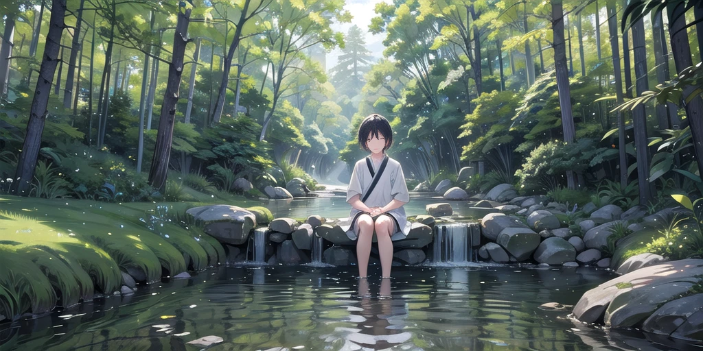 Hiro is in a meditation pose by a stream, close your eyes, With a calm expression. The surrounding landscape is peaceful and harmonious, It symbolizes his peace of mind..
Depicts a young man meditating beside a flowing stream, With a calm expression. The background is calm, With the flowing stream, Green Grass, Trees swaying gently in the breeze々. The comical tone is in harmony with the calm atmosphere.