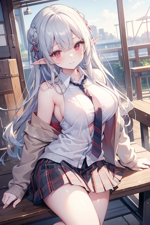 (best quality, masterpiece, ultra-detailed, perfect pixels), (UHD, RTX, 4k wallpaper, japanese anime, CG smooth, textured skin, realistic texture, natural light), 1girl, rio, elf,seductive, busty, perfect body, bangs, long hair,silver hair (close-up, pov, dynamic pose), ,red eyes,sly smile, beautiful smile, nipslip, medium breasts, blush, (school uniform, jacket, necktie, cardigan, plaid skirt), outdoor, amusement park, leaning forward