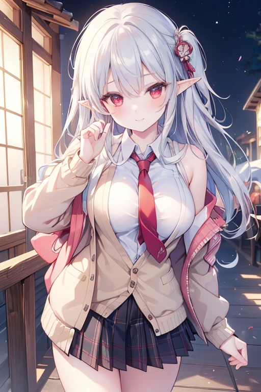 (best quality, masterpiece, ultra-detailed, perfect pixels), (UHD, RTX, 4k wallpaper, japanese anime, CG smooth, textured skin, realistic texture, natural light), 1girl, rio, elf,seductive, busty, perfect body, bangs, long hair,silver hair (close-up, pov, dynamic pose), ,red eyes,sly smile, beautiful smile, nipslip, medium breasts, blush, (school uniform, jacket, necktie, cardigan, plaid skirt), outdoor, amusement park, leaning forward