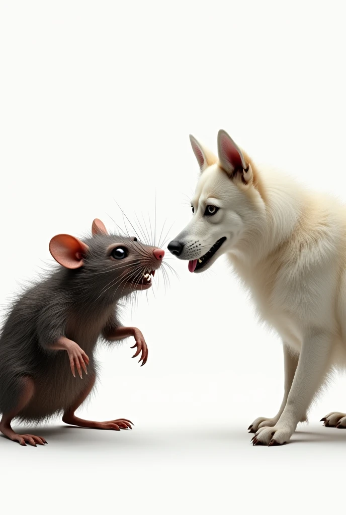 Generate me a photo in which a dirty and terrible rat stands in front of a big and white dog, the dog should also look stylish, and the rat is very dirty.