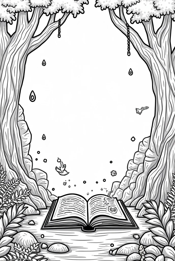 Create me a coloring picture of a forest with a book in the middle opened full of magic, for coloring with large white areas and strong black lines