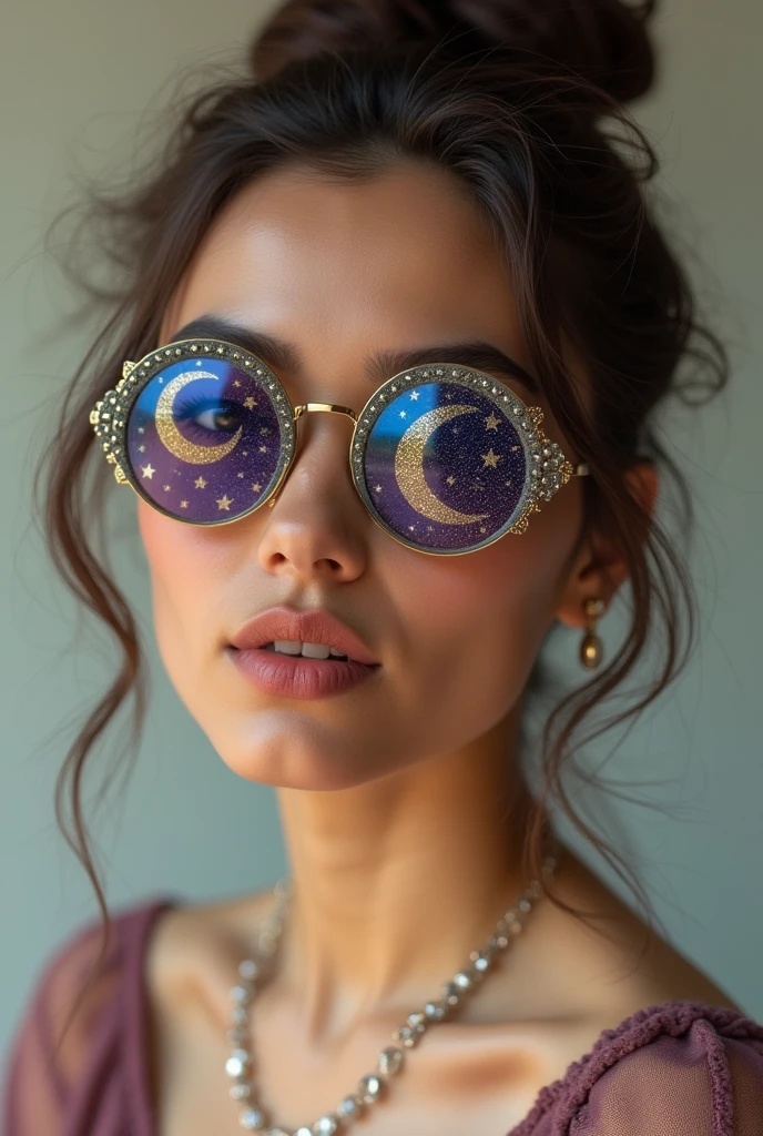 The model is wearing glass sunglasses with stars and the moon on the glass