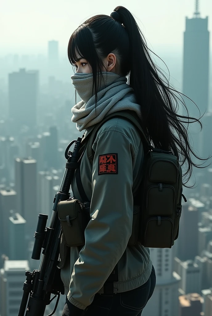 Japanese female sniper wearing a cloth mask standing on the roof of a high-rise building with her hair down
