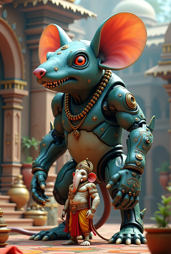A mouse with monster look in robot in a big size with Ganesh ji in hulk body in Indian traditional look