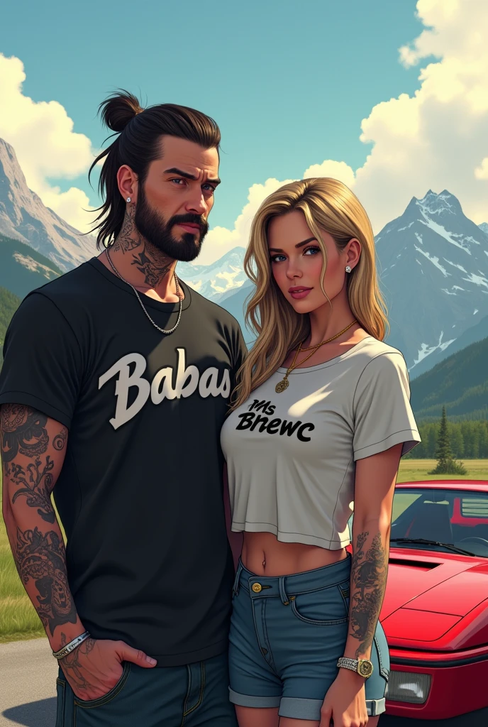 I'll draw a male character with tattoos and pierced ears.,long hair that is tied up,without a beard,wearing a t-shirt that says babas,and a big breasted girl wearing a shirt that says msbrewc,and the f40 car behind it is a bit far away,and mountain views