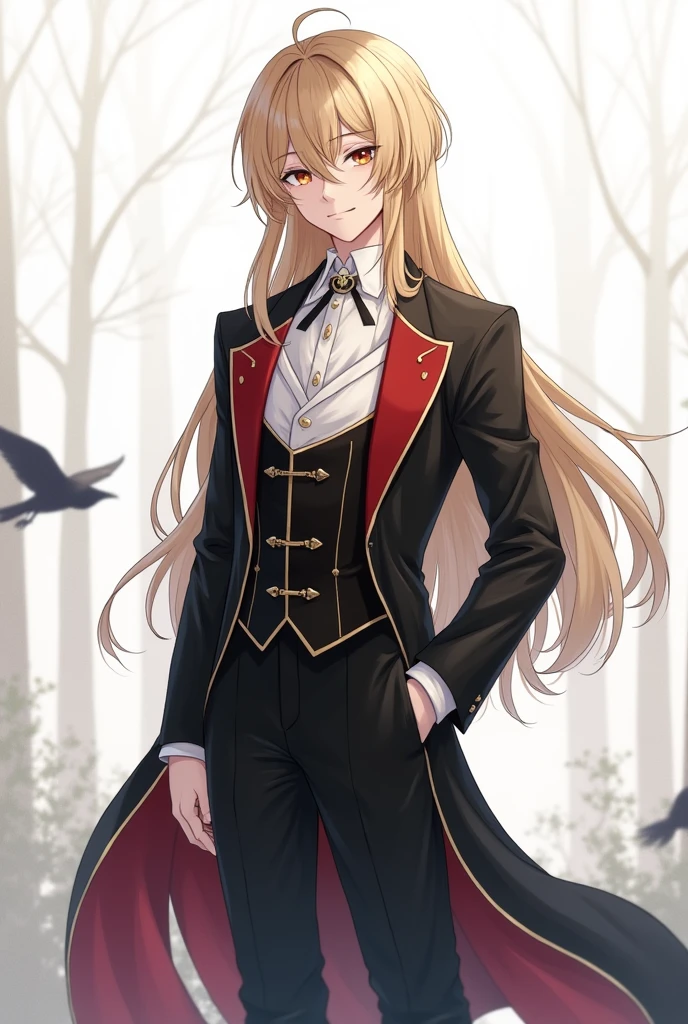 Whole body, black suit with red hair of a teenage boy with long honey-colored hair medieval, ballet shirt square neck white shirt underneath short sleeve,silk fabric, corset,along with pants with a skirt behind,ancient, delicate, Royals, delicate,delicate boots, Simple, White background, vista Whole body, crows, white tree