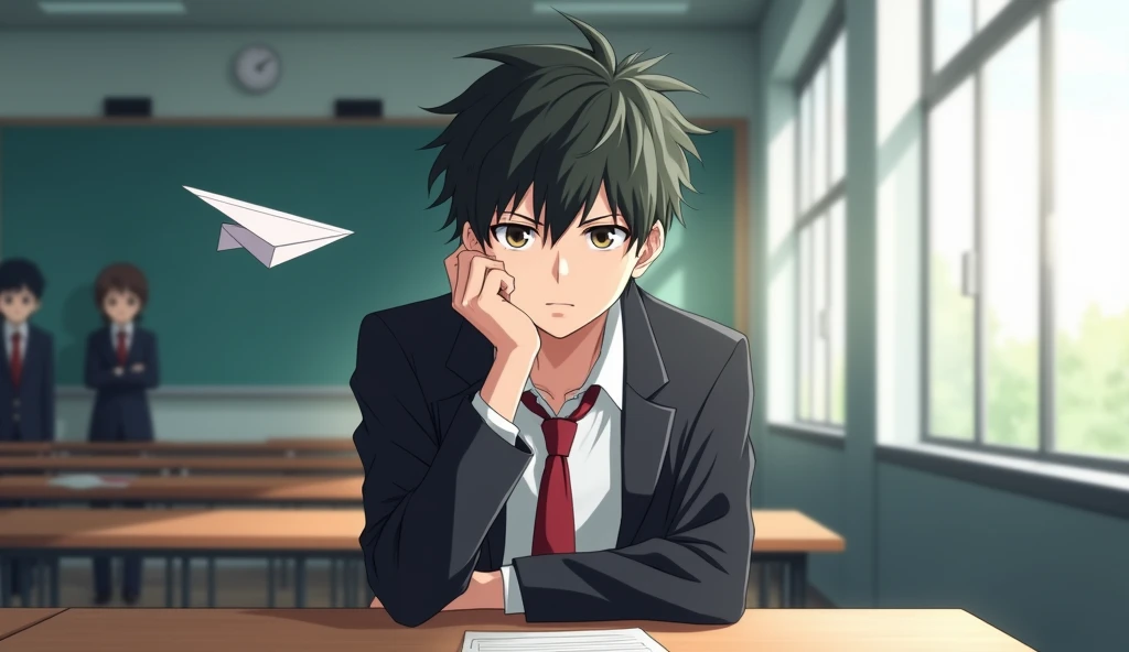 A medium shot anime-style of a male character with natural slightly messy and tousled hair, similar to the main character of the anime 'Hyōka'. He is dressed in a Japan-style school uniform He wears a black blazer as part of his school uniform, with a white t-shirt underneath, and a red tie. He is sitting in a school classroom at a table by the window side. His one hand is on his cheek and His face is expression disinterested. The background is filled with other students. With sleepy eyes , he is 1 , He weighs 50 kilograms
"He is looking out the window when a paper plane suddenly hits his forehead."
"After that, people are asking him to return the plane."
