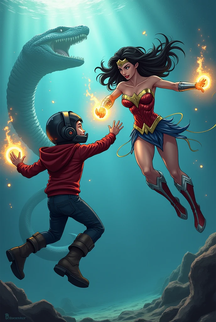  Star-Lord with red hoodie, Rocket boots, headphones, star-lord helmet, gas helmet, Covered mouth, Round & red eyes ft. Wonder woman, big breasts, perfect body, Busty, ocean floor, underwater, Fighting with titanoboa, power, Kick, Attack, magic rings in the hands, Fighting, power, fiction, full body, 2 persons, magic lasso, hight, fall, fire in boots, powerful spells, realistic, helmet, mask, float, war, kill, dead, wound, full scene