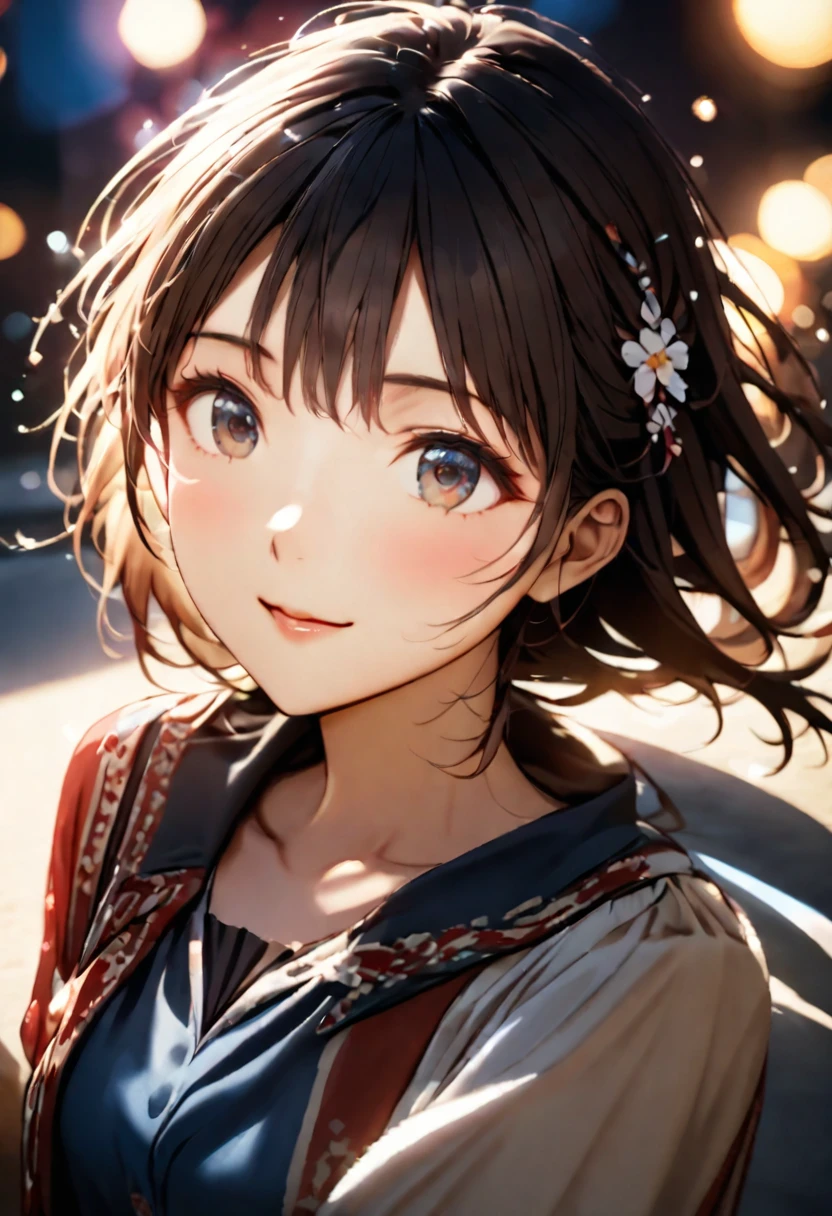 {{Highest quality}},Delicate illustration,Detailed depiction, masterpiece, Boho Eye Hinai Girl, Playful Themes, Two girls、女子High school student a+B(High school student a(Raw photo of a girl in uniform。Decorative details and symbols are often used。, Brown hair gently fluttering in the wind,Clear blue eyes、A gentle smile)、高校生B(Raw photo of a girl in uniform。Decorative details and symbols are often used。, Black hair gently fluttering in the wind,Clear red eyes、A gentle smile))、 Long-distance shots, High Key Light, Hard Shadows, Soft bokeh, Professional photography, A balanced deal, Balanced Exposure,