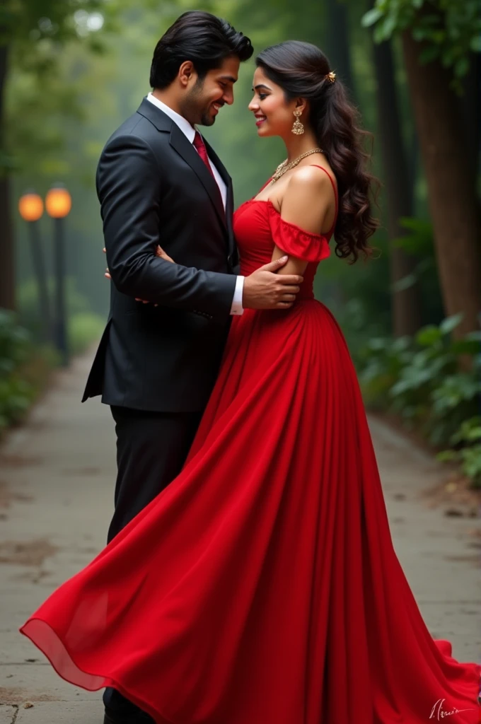 Anupama parameswaran in red dress with a man