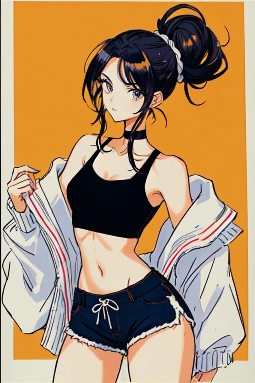 Hot girl with her hair tied up in a messy bun, two strands of hair down the front, curvy, slim, medium breasts, bold, off shoulder crop top, small hot shorts, anime style
