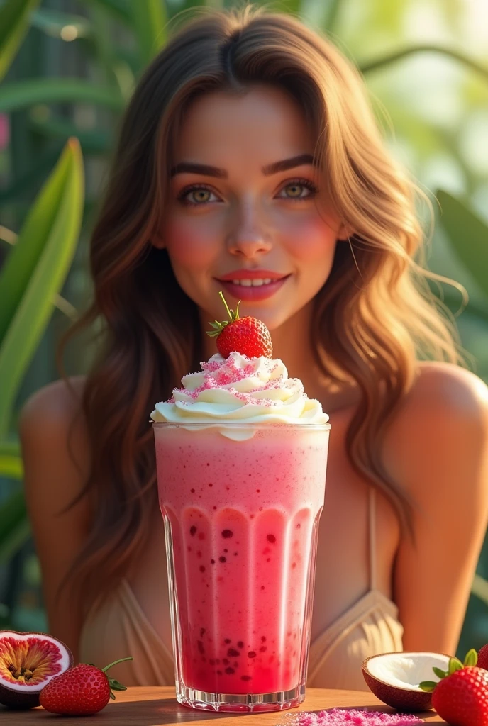 frozen pitahaya frappe with frozen strawberries, passion fruit juice, Natural Greek yogurt and coconut water with a girl drinking it