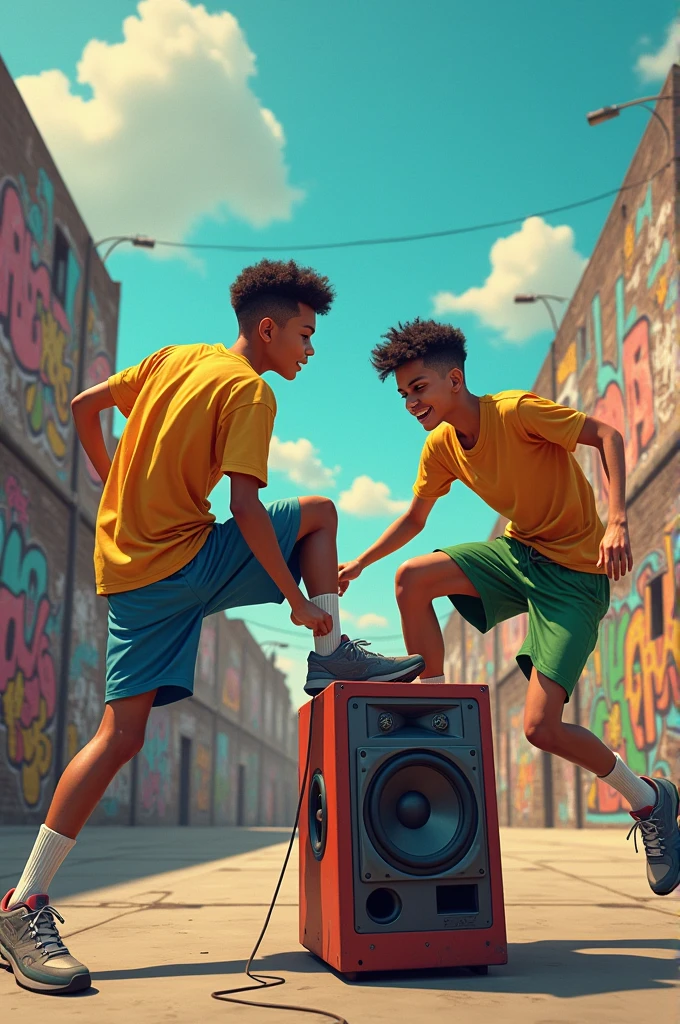 Two Brazilian boys with fade haircuts, basketball style, white people jumping on top of a speaker