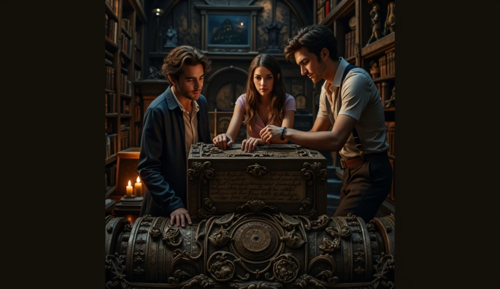 "The room is a grand, dimly lit space filled with shelves lined with aged, leather-bound books, scrolls, and historical documents carefully preserved in glass cases. The walls are adorned with ancient maps and faded paintings of scholars and explorers, adding to the sense of history and importance. A large, intricately carved wooden table stands in the center of the room, covered with old parchments, books, and a single, weathered letter. The letter, written in elegant script, lies open on the table, revealing that the entire mystery the group had been solving was a carefully crafted test of their intellect and teamwork, set by a long-forgotten society of scholars.
A large, arched window dominates one side of the room, allowing soft daylight to pour in, casting a warm glow over the scene. The window offers a stunning view of the university campus below, with its sprawling lawns and historic buildings, symbolizing both the end of their journey and the knowledge they’ve gained.
In the background, Alex, Jamie, and Priya stand together, their expressions a mix of relief and exhilaration. Alex, with his rugged features and determined eyes, leans slightly against the table, a satisfied smile playing on his lips. Jamie, calm and composed, stands tall with his arms crossed, his sharp gaze softened by a rare, proud smile. Priya, her long dark hair cascading over her shoulders, has a thoughtful look on her face, her eyes reflecting both the excitement of their accomplishment and the depth of the experience. Together, they take a moment to reflect on their successful adventure, knowing that their bond as a team has been strengthened through the challenges they’ve overcome."