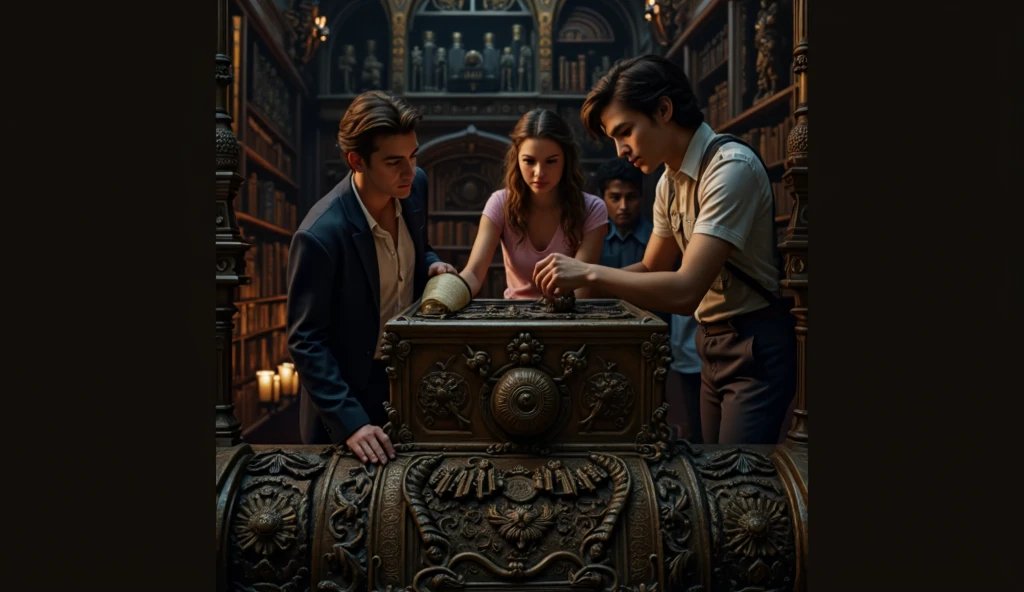 "The room is a grand, dimly lit space filled with shelves lined with aged, leather-bound books, scrolls, and historical documents carefully preserved in glass cases. The walls are adorned with ancient maps and faded paintings of scholars and explorers, adding to the sense of history and importance. A large, intricately carved wooden table stands in the center of the room, covered with old parchments, books, and a single, weathered letter. The letter, written in elegant script, lies open on the table, revealing that the entire mystery the group had been solving was a carefully crafted test of their intellect and teamwork, set by a long-forgotten society of scholars.
A large, arched window dominates one side of the room, allowing soft daylight to pour in, casting a warm glow over the scene. The window offers a stunning view of the university campus below, with its sprawling lawns and historic buildings, symbolizing both the end of their journey and the knowledge they’ve gained.
In the background, Alex, Jamie, and Priya stand together, their expressions a mix of relief and exhilaration. Alex, with his rugged features and determined eyes, leans slightly against the table, a satisfied smile playing on his lips. Jamie, calm and composed, stands tall with his arms crossed, his sharp gaze softened by a rare, proud smile. Priya, her long dark hair cascading over her shoulders, has a thoughtful look on her face, her eyes reflecting both the excitement of their accomplishment and the depth of the experience. Together, they take a moment to reflect on their successful adventure, knowing that their bond as a team has been strengthened through the challenges they’ve overcome."