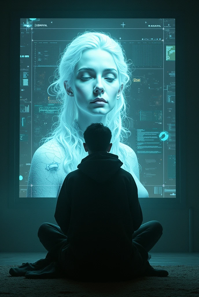 Aranuch connecting to the BioNet system, attempting to access Anavil's stored consciousness. The scene is intense and emotional, with Aranuch sitting in front of a large screen displaying distorted images of Anavil. The environment is dark, with a glowing interface and swirling data streams creating an eerie, unsettling atmosphere."