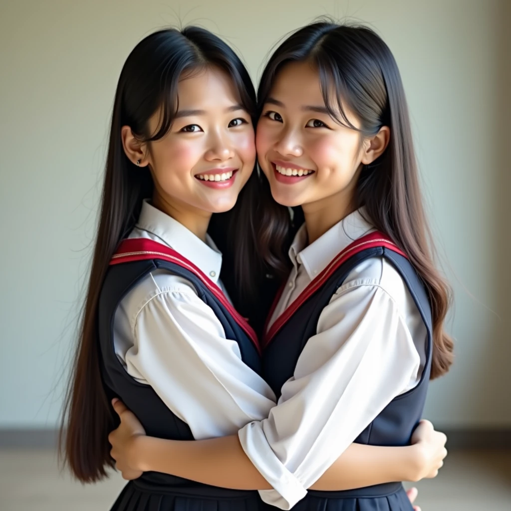 Two students, one wearing a Thai school girl uniform and the other wearing a Lao school girl uniform, aged 19, stand hugging each other, posing for a photo, smiling beautifully.
