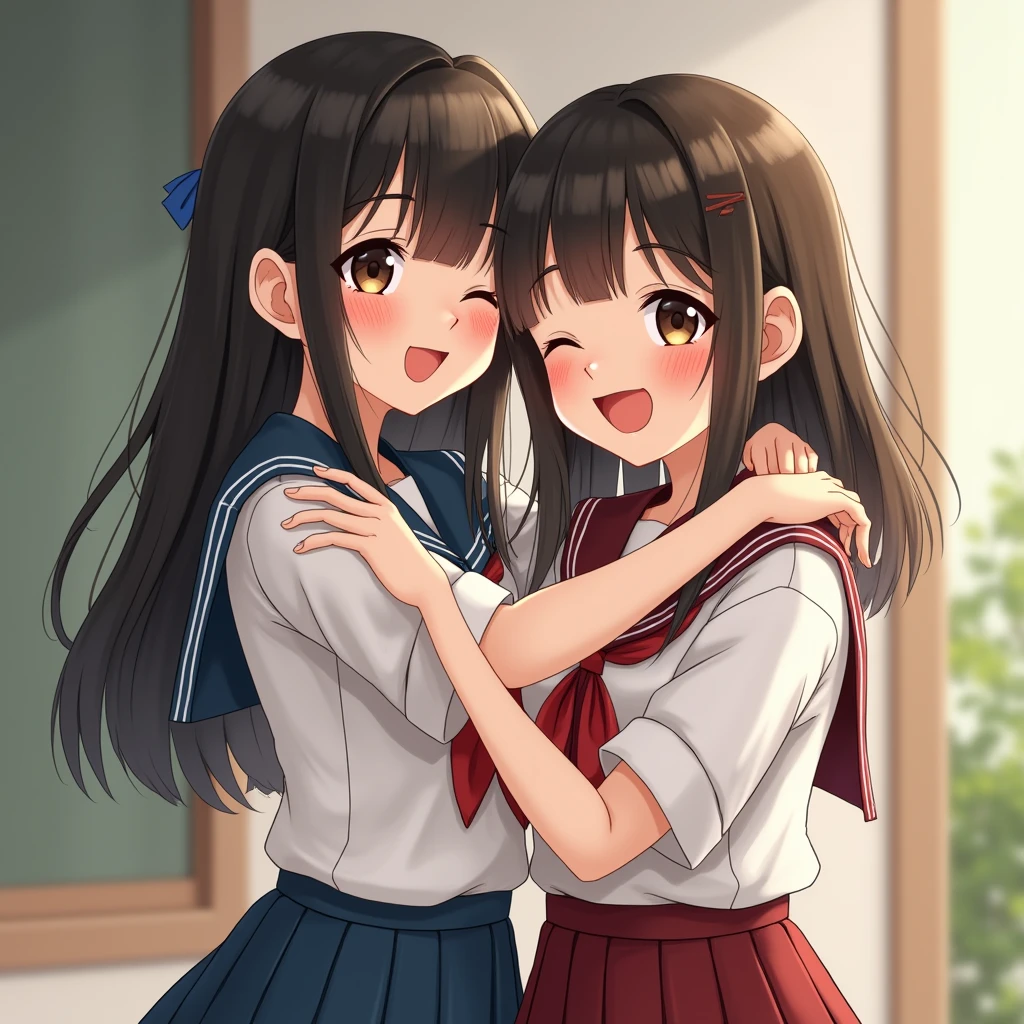 Two students, one wearing a Thai school girl uniform and the other wearing a Lao school girl uniform, aged 19, stand hugging each other, posing for a photo, smiling beautifully.
