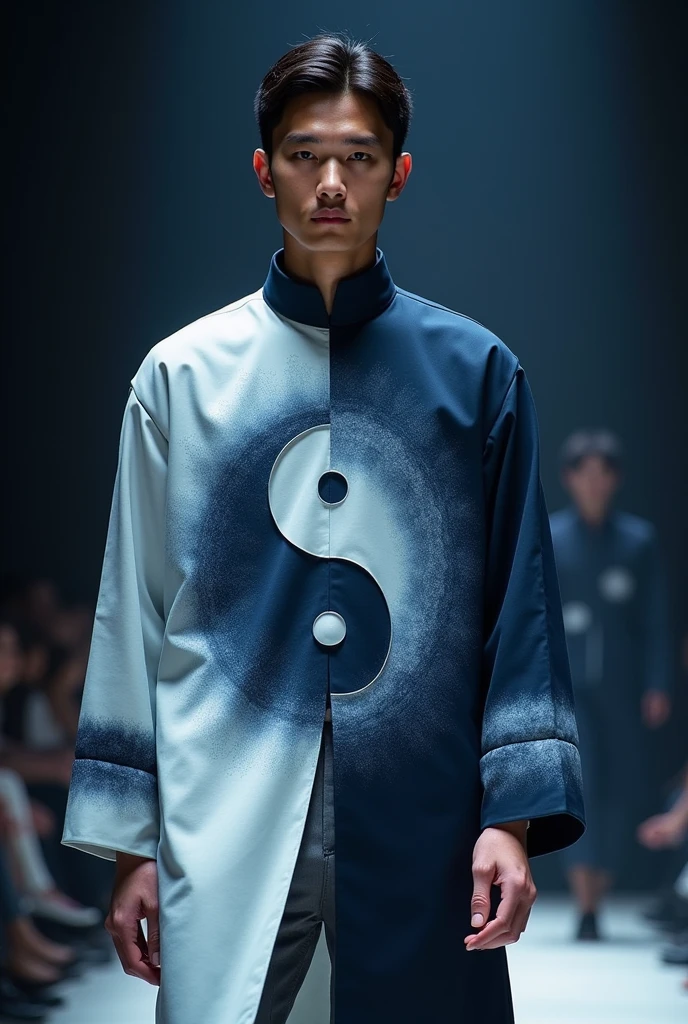 Fashion show costume representing The Eye of the Storm (Male)
Inner Costume (Inner Peace and Yin-Yang)Concept:Representing Inner Peace: The inner costume should contrast with the outer chaos, symbolizing tranquility, balance, and inner strength.Design: This will symbolize the calm eye of the storm.Yin and Yang Elements:Central Symbol: Create a prominent Yin and Yang symbol on the chest, using black and white fabric paint or an iron-on transfer.Swirls and Patterns: Add radiating swirls or gradients from the symbol, incorporating dark blue or navy that fades into the pale blue of the t-shirt.Additional Elements:Sleeves: Differentiate between Yin and Yang on the sleeves—dark blue or black for Yin and white or light gray for Yang.Back Design: Place a smaller Yin and Yang symbol on the upper back to tie the theme together.Accessories:Neckline: Add a subtle dark blue or black neckband to complement the Yang side of the design.Cuffs: Include thin white or gray bands around the cuffs to reflect Yang elements.