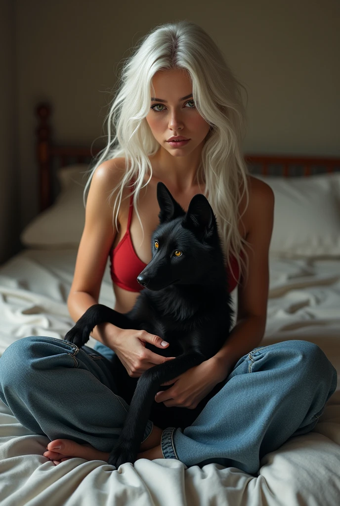 Woman with long loose wavy seni white hair and golden eyes sitting on a bed with her legs crossed, dressed in a red bra and loose jeans, holding a black jackal in his arms lying on his back with his paws up in digital art