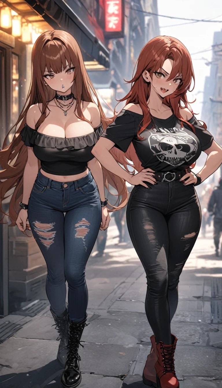 Ultra-high definition image quality、beautiful girl、Yankee girl、Reddish brown hair、Messy long hair、Gal、bustling street、Off-the-shoulder T-shirt、Distressed denim、Tight low rise denim、Highest quality, Big Ass、Thighs、Big Boobs、High cut boots、Glare、Place hands on hips、intimidating face、Hold a cigarette in your mouth、Smoke from cigarettes、Punk Fashion、Stand with legs crossed