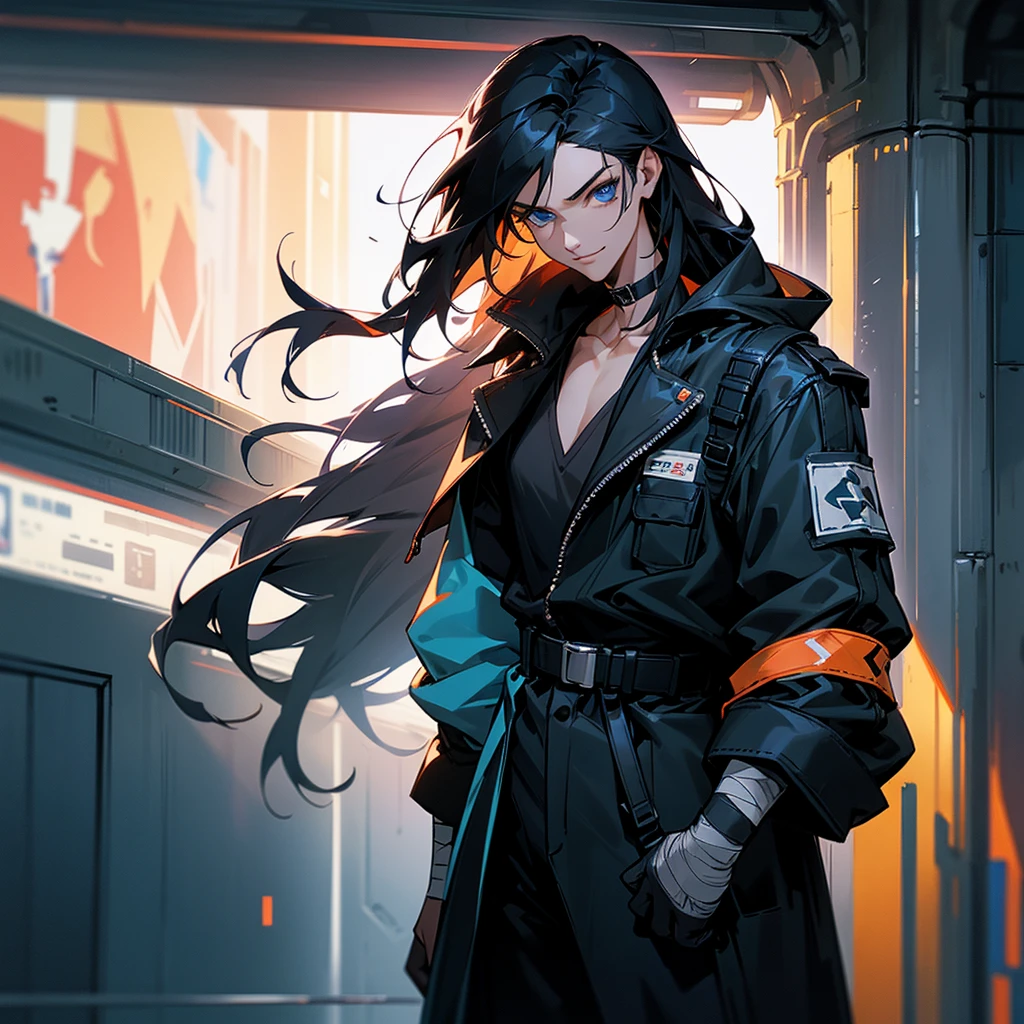 black hair, long hair, straight hair, male, man, blue eyes, tall, wiry, jacket, choker, armband, long boots, belt, waist pouch, with a black bandage, delicate facial features, toned, cyberpunk, inside, in the subway, determined, half body photo, upper body, face, write smile