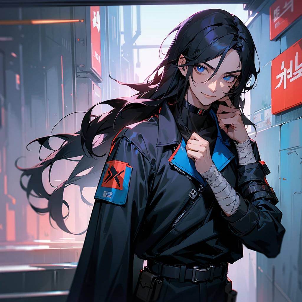 black hair, long hair, straight hair, male, man, blue eyes, tall, wiry, jacket, choker, armband, long boots, belt, waist pouch, with a black bandage, delicate facial features, toned, cyberpunk, inside, in the subway, determined, half body photo, upper body, face, write smile