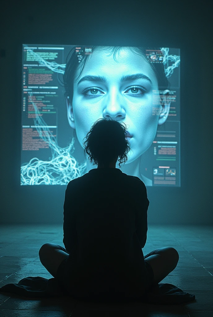 Aranuch connecting to the BioNet system, attempting to access Anavil's stored consciousness. The scene is intense and emotional, with Aranuch sitting in front of a large screen displaying distorted images of Anavil. The environment is dark, with a glowing interface and swirling data streams creating an eerie, unsettling atmosphere."