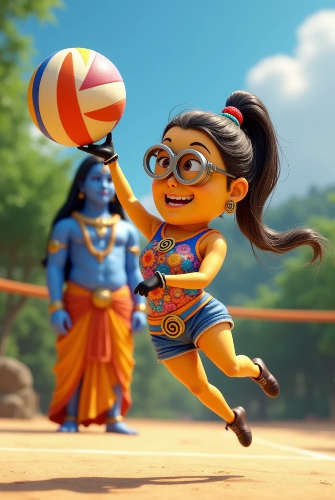 Female minion cute fit as volley ball player and krishan watching her