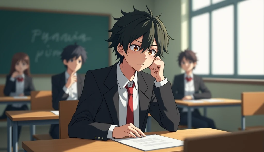 A medium shot anime-style of a male character with natural slightly messy and tousled hair, similar to the main character of the anime 'Hyōka'. He is dressed in a Japan-style school uniform He wears a black blazer as part of his school uniform, with a white t-shirt underneath, and a red tie. He is sitting in a school classroom at a table by the window side. His one hand is on his cheek and His face is expression disinterested. The background is filled with other students. With sleepy eyes , he is 1 , He weighs 50 kilograms

"After that, people are asking him to return the plane."