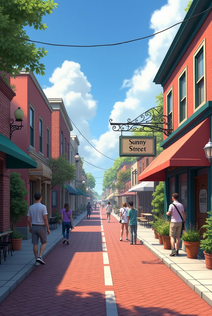 A street view of single story buildings on left right, Street have tough-tile bricks floor.
Street name is SUNNY STREET prominently printed on board which is hanged on first left house of the street. It should seem real view.
